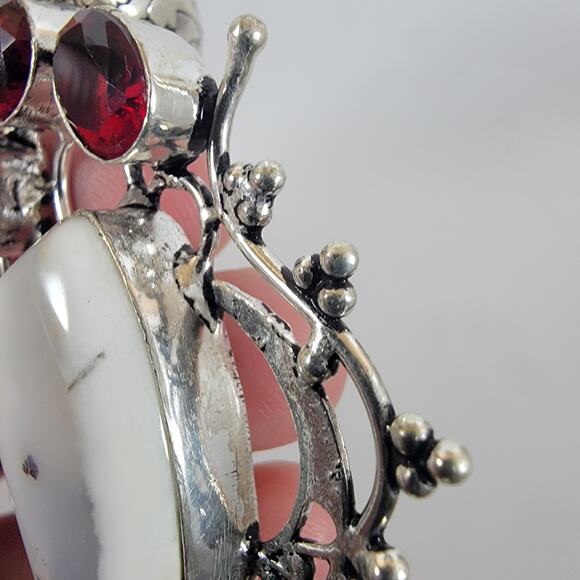 Handmade Silver Pendant with Dendritic Opal & Red Garnet in Ornate Setting - Picture 10 of 10